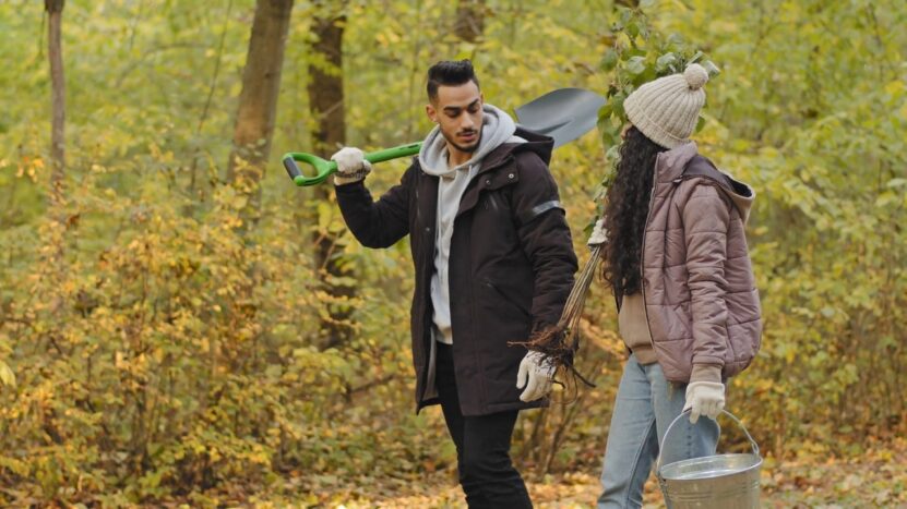 Volunteers carrying wood for planting